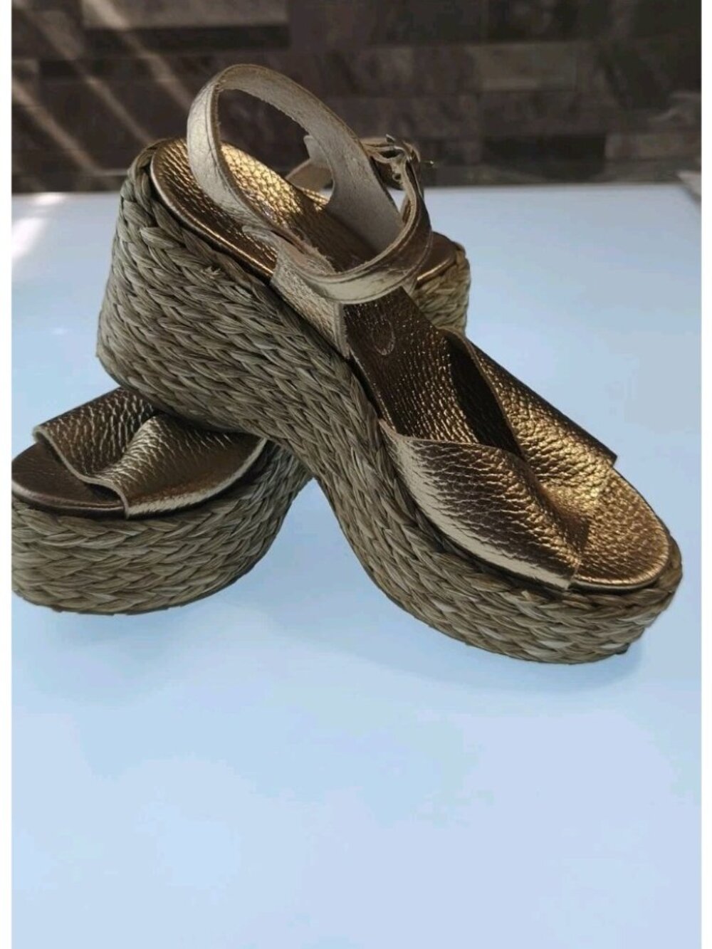 Pedro Garcia Bronze Metallic Leather Espadrille Wedge Sandal EU 37.5 US 7.5